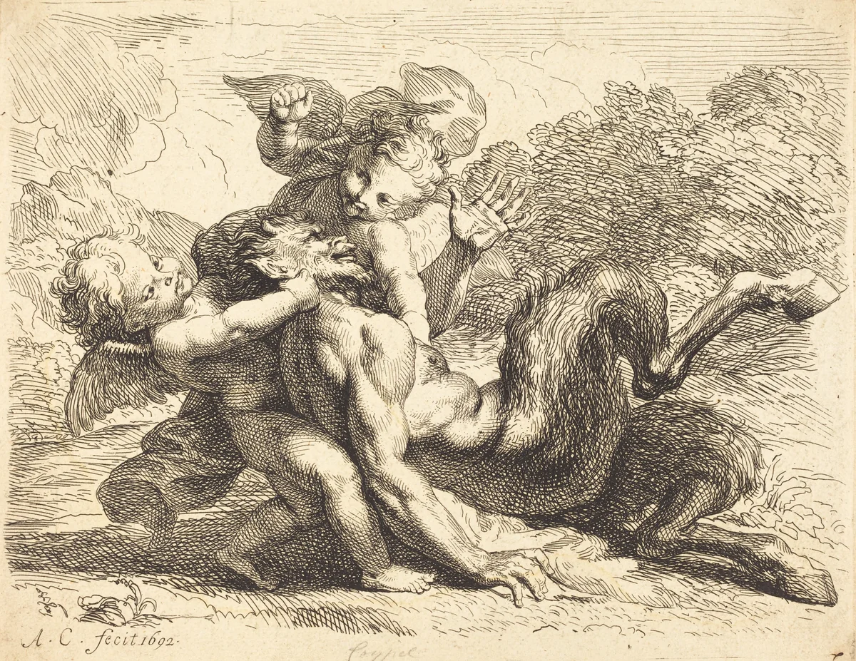 Pan Overcome by Putti by Antoine Coypel, print, 1692