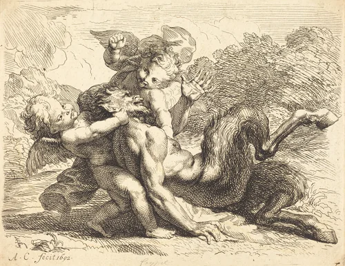 Pan Overcome by Putti by Antoine Coypel, print, 1692