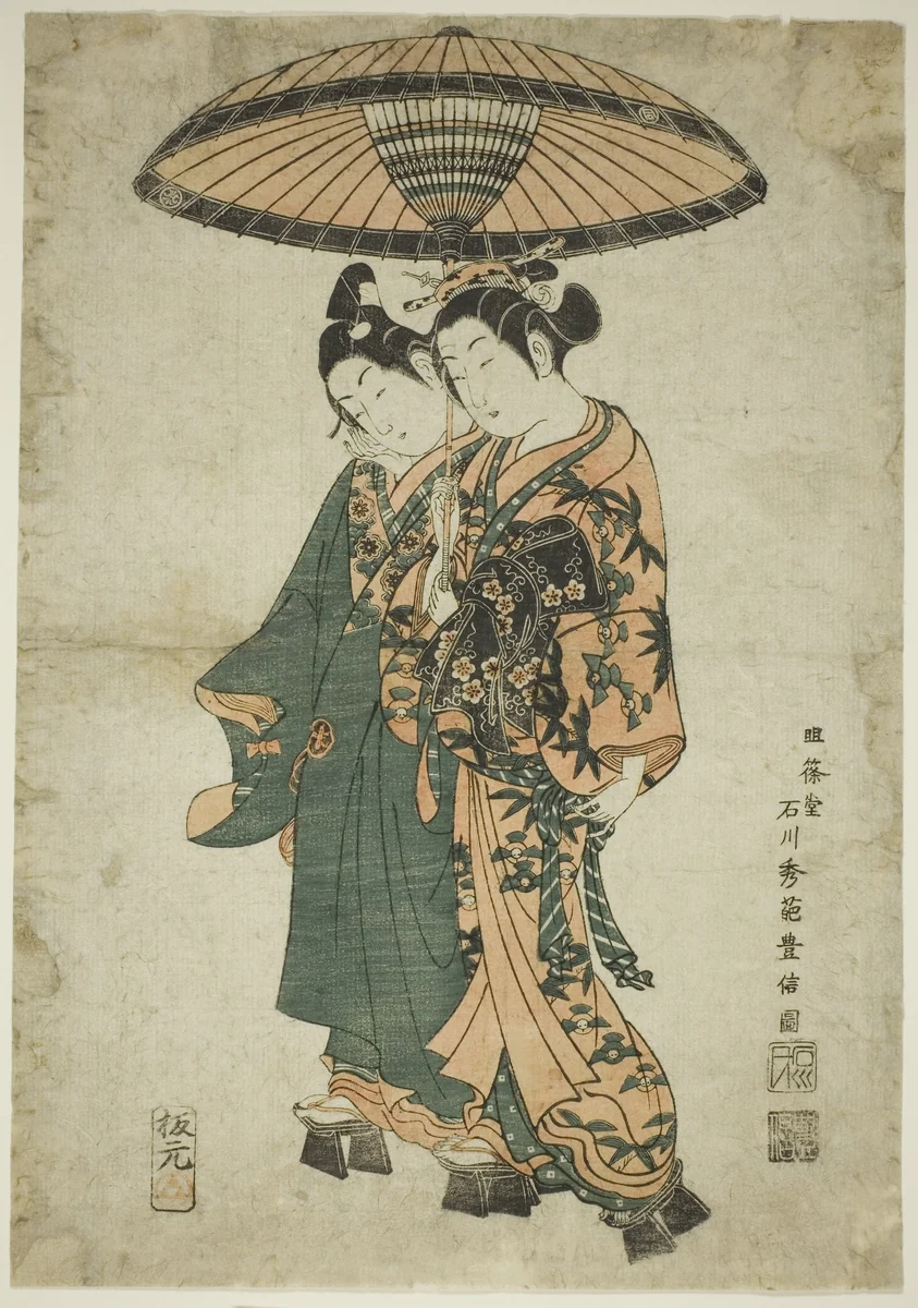 The Actors Sanogawa Ichimatsu I and Segawa Kikunojo I as lovers under an umbrella by Ishikawa Toyonobu, print, 1740-1749