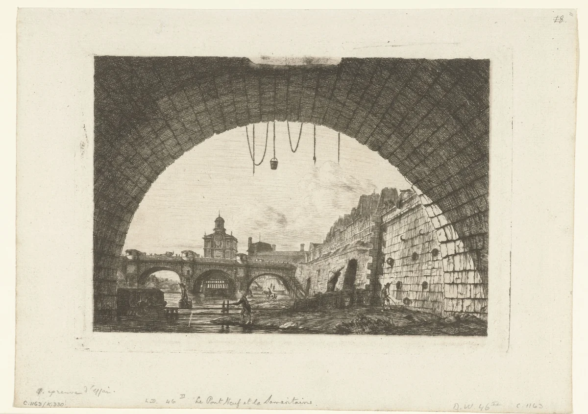 Gezicht op Pont-Neuf van onder boog Pont-au-Change in Parijs by Charles Meryon, print, 1855