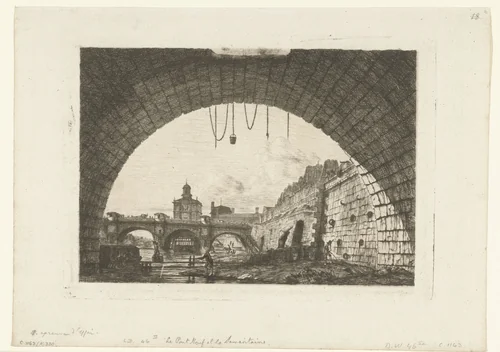 Gezicht op Pont-Neuf van onder boog Pont-au-Change in Parijs by Charles Meryon, print, 1855