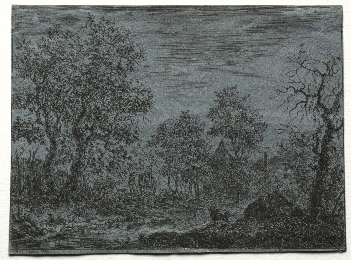 A Small River in the Foreground with a Cow and Goat by Christian Ludwig von Hagedorn, print, 1744