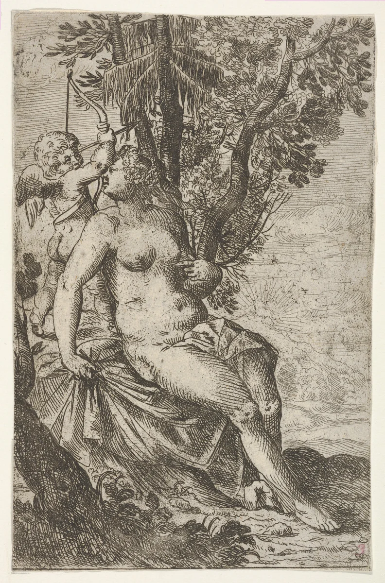 Cupid prepares to shoot an arrow as Venus looks over her right shoulder, from "Sport of Love" (Scherzi d'amore) by Odoardo Fialetti, print, 1617
