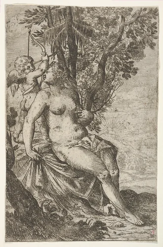 Cupid prepares to shoot an arrow as Venus looks over her right shoulder, from "Sport of Love" (Scherzi d'amore) by Odoardo Fialetti, print, 1617