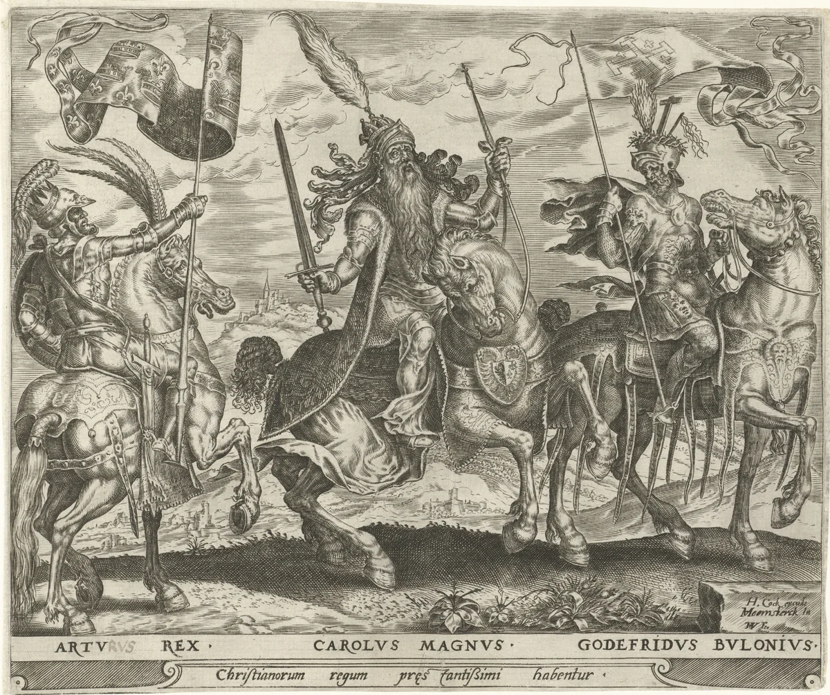 Koning Arthur, Karel de Grote en Godfried van Bouillon by Unknown, print, 1565-1569