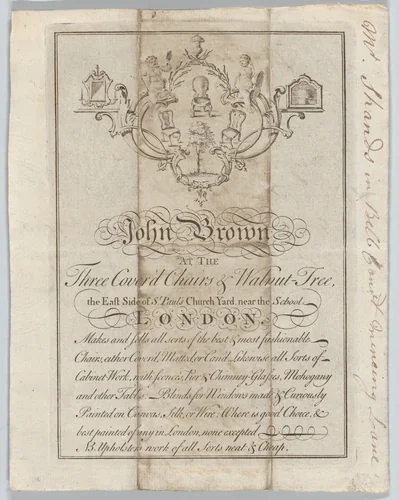 Trade card of John Brown, Chairs and Cabinet-work, at the Three Cover'd Chairs & Walnut Tree, St. Paul's Church Yard, London by Joseph Champion, print, 1742-1761