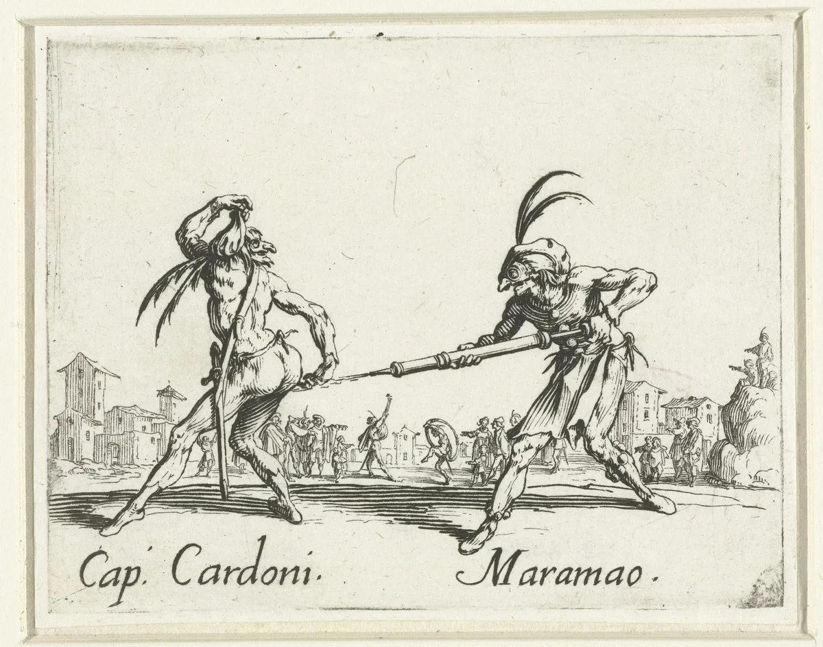 Twee straatartiesten als Capitano Cardoni en Maramao by Jacques Callot, print, 1621-1622