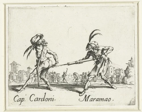 Twee straatartiesten als Capitano Cardoni en Maramao by Jacques Callot, print, 1621-1622