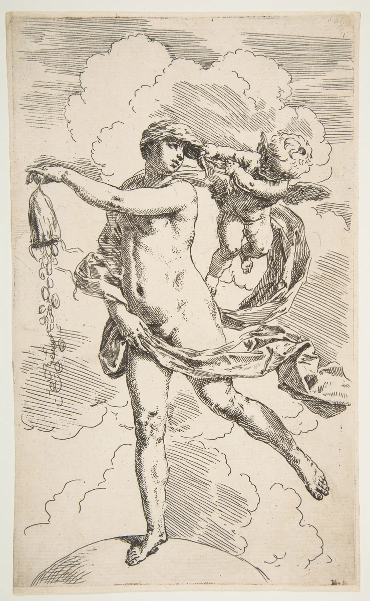 Fortune standing with one foot on a globe and emptying a purse of coins by Simone Cantarini, print, 1630-1640