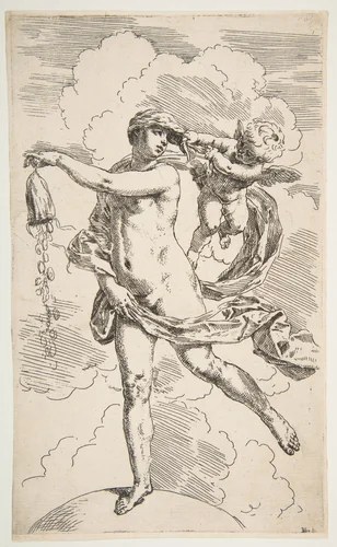 Fortune standing with one foot on a globe and emptying a purse of coins by Simone Cantarini, print, 1630-1640