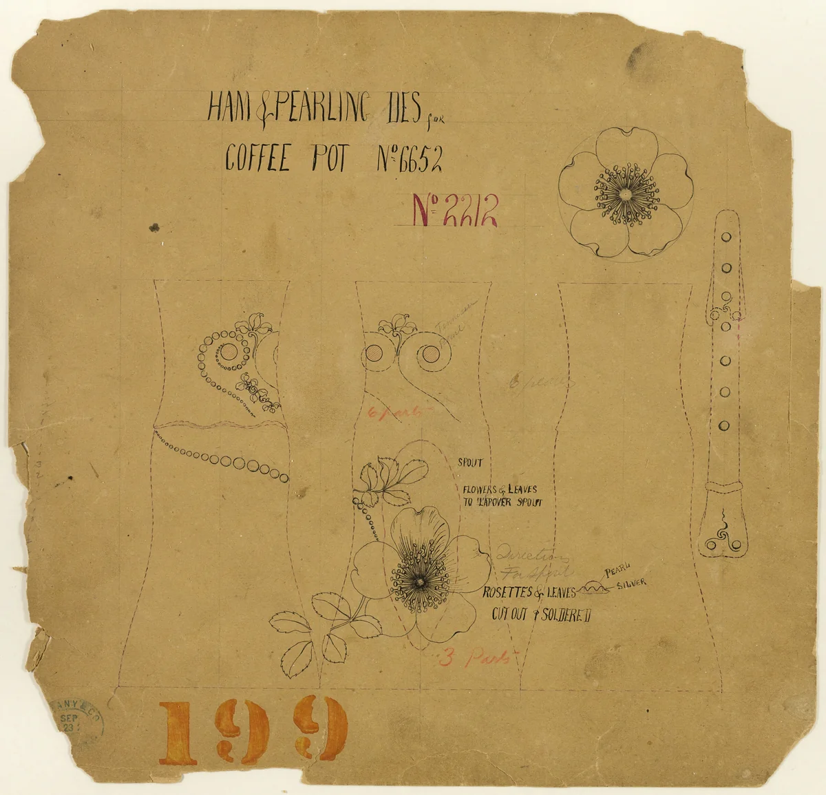 Ham and Pearling Design for Coffee Pot No. 6652 by Tiffany and Company, print, 1880-1890