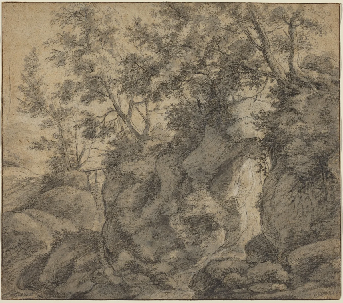 Landscape with a Wooded Ravine by Anthonie Waterloo, drawing, 1609-1690