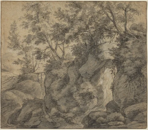 Landscape with a Wooded Ravine by Anthonie Waterloo, drawing, 1609-1690