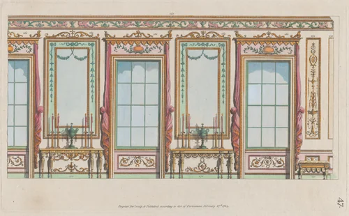 Interior Ornamented Wall with Windows and Pier-Glasses, nos. 267–273, plate 47 from "Designs for Various Ornaments" by Michelangelo Pergolesi, print, 1784