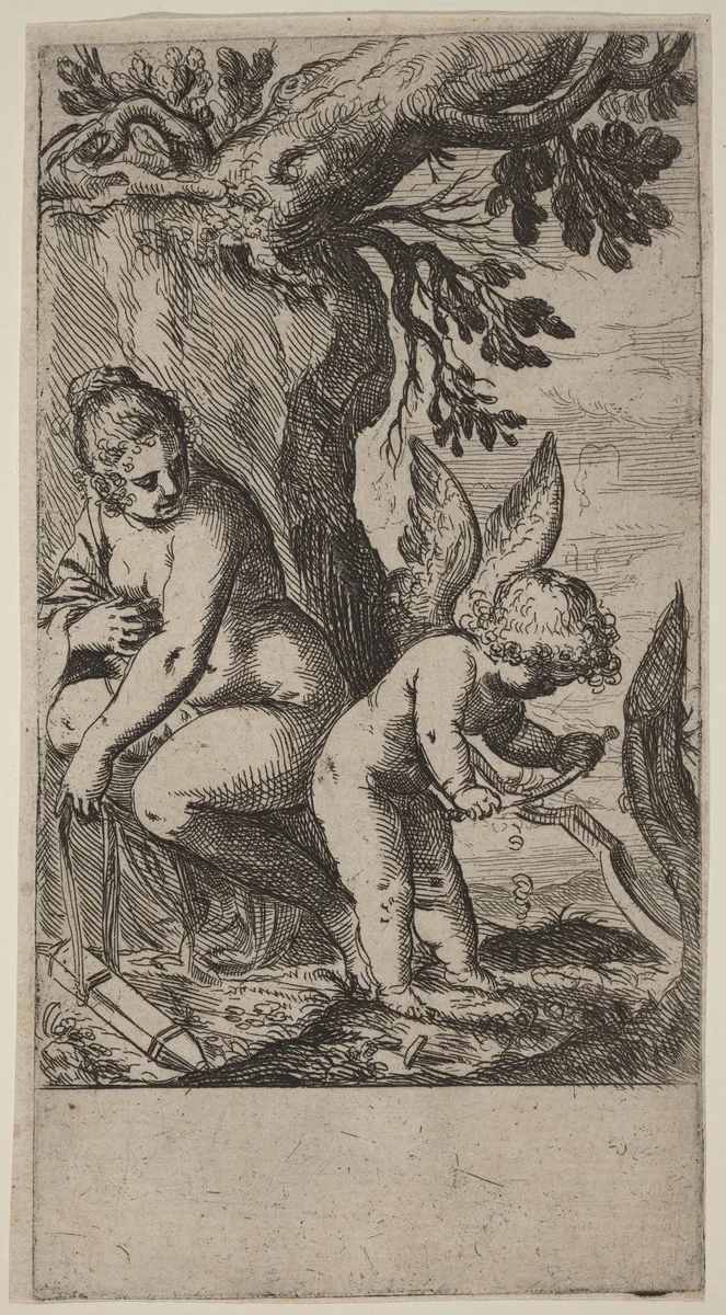 Venus with Cupid Whittling His Bow by Odoardo Fialetti, print, 1617