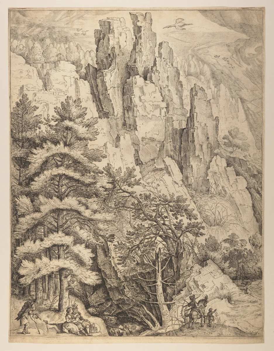 Bohemian Landscape with Couples and Hunters (left plate) by Jacob Matham, print, 1601-1611