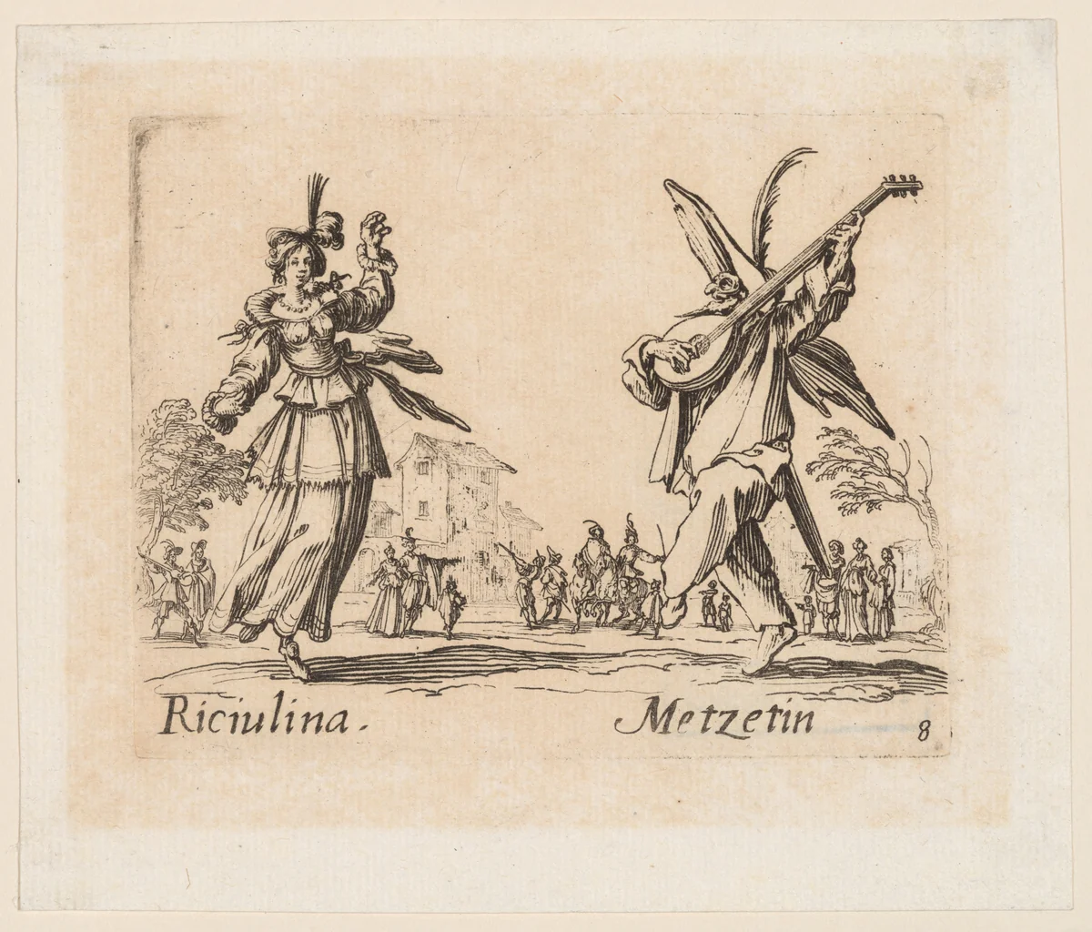 Riciulina and Metzetin, plate 8 from "Balli di Sfessania" (Dance of Sfessania) by Jacques Callot, print, 1621-1622