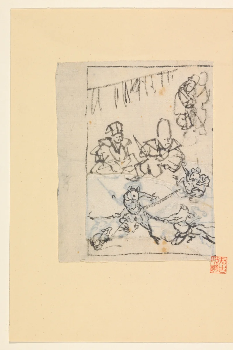 Daikoku en Fukurokuju zien toe bij een muizengevecht by anonymous, drawing, 1700-1900