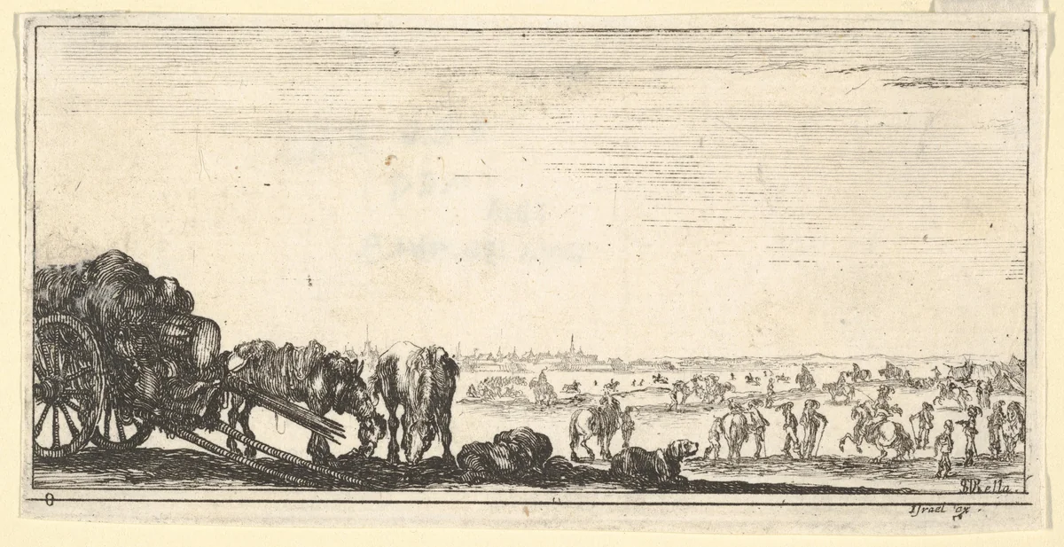 Plate 8: a chariot and two horses to left, a dog in center, various horses and soldiers in the background, from "Troops, cannons, and attacks on towns" (Dessins de quelques conduites de troupes, canons, et ataques de villes) by Stefano della Bella, print, 1635-1645