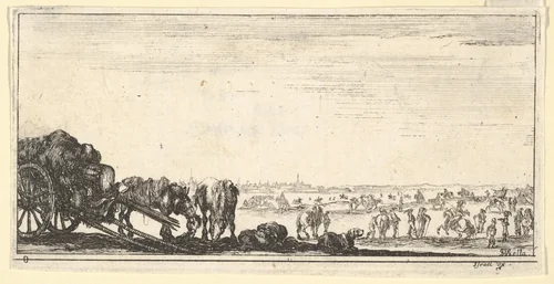 Plate 8: a chariot and two horses to left, a dog in center, various horses and soldiers in the background, from "Troops, cannons, and attacks on towns" (Dessins de quelques conduites de troupes, canons, et ataques de villes) by Stefano della Bella, print, 1635-1645