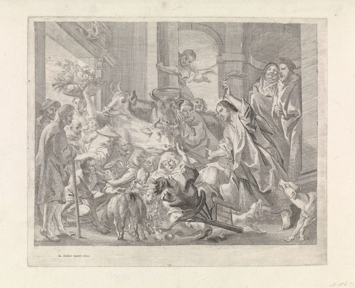 Christus verdrijft de kooplui uit de tempel by anonymous, print, 1652-1702