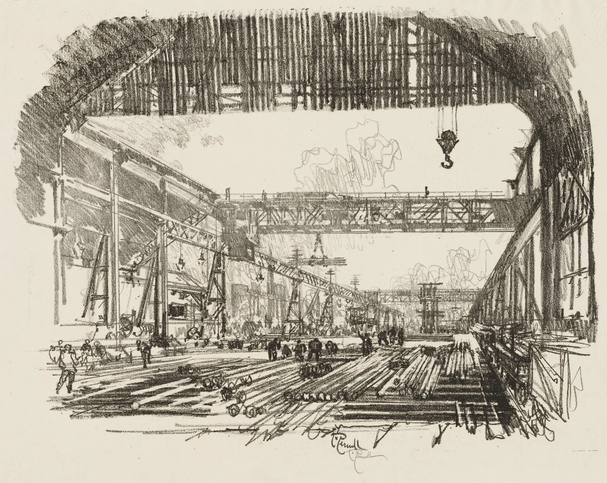 English War Work: Steel Bars for Shells by Joseph Pennell, print, 1916