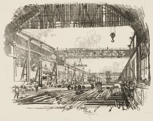 English War Work: Steel Bars for Shells by Joseph Pennell, print, 1916