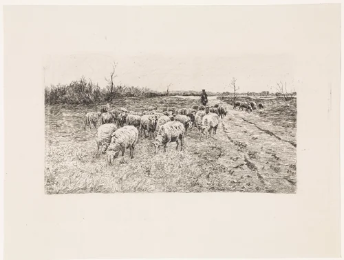 Herder met kudde schapen by Elias Stark, print, 1889