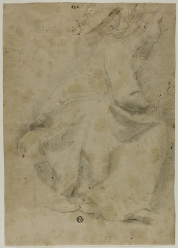 Seated Woman in Profile to Right by Domenico Fiasella, drawing, 1600-1699