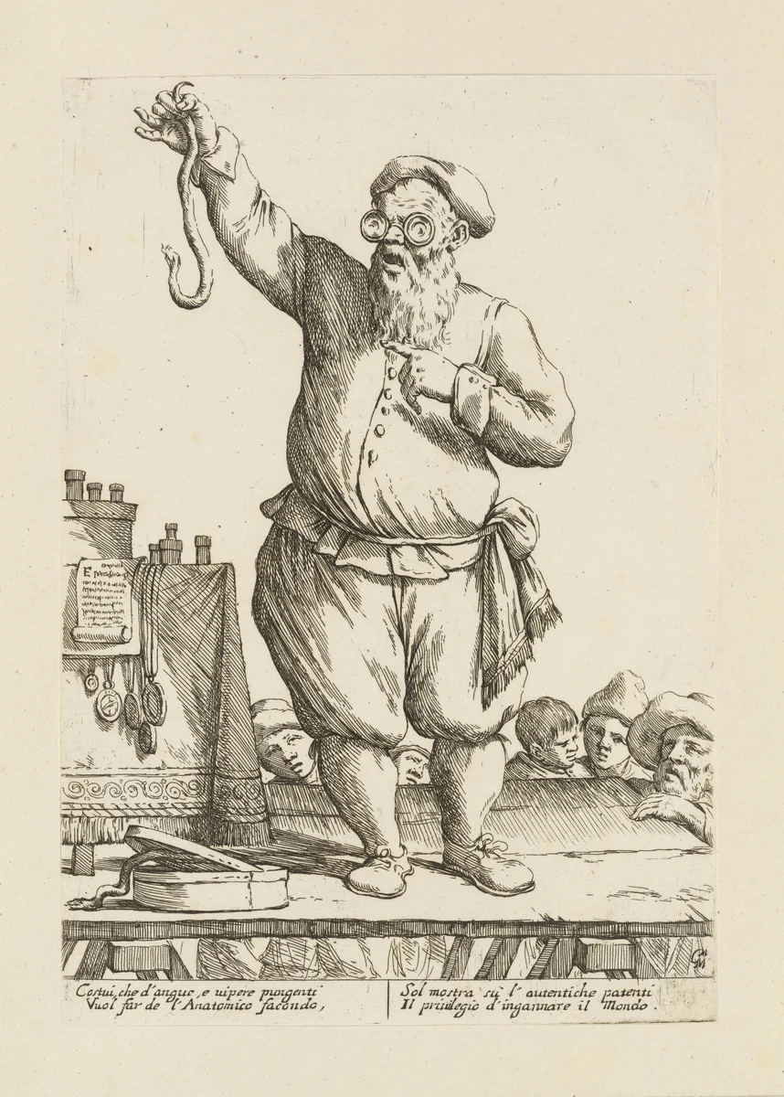 Charlatan on His Stage, Holding a Snake, from Di Bologna l'Arti per via D'An.ibal' Ca.rac, plate 25 by Giuseppe Maria Mitelli, print, 1660