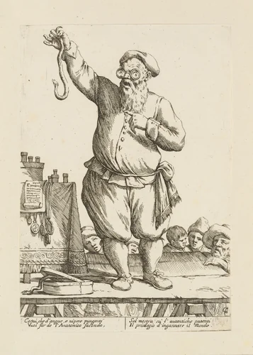 Charlatan on His Stage, Holding a Snake, from Di Bologna l'Arti per via D'An.ibal' Ca.rac, plate 25 by Giuseppe Maria Mitelli, print, 1660