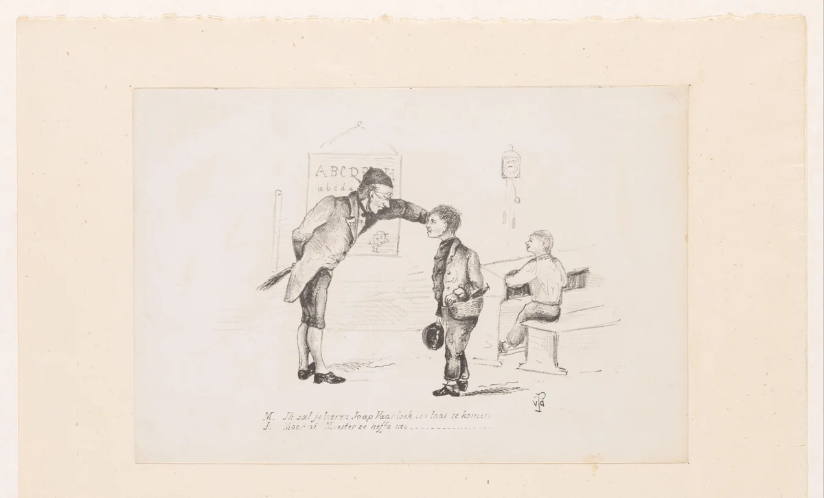 Leraar straft te laat komende jongen by Jeremias Adriaan Adolf Schill, print, 1864-1902
