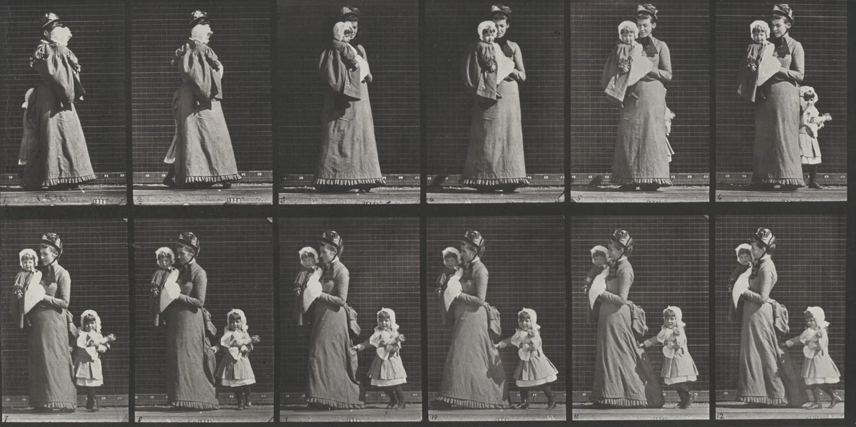 Plate Number 52. Walking, carrying a child, turning around; another child holding on to the woman's dress by Eadweard Muybridge, photograph, 1887