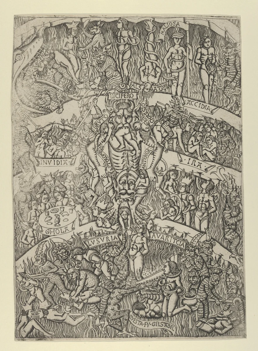 The Inferno according to Dante, after the Last Judgment fresco in the Campo Santo, Pisa by anonymous, print, 1455-1465