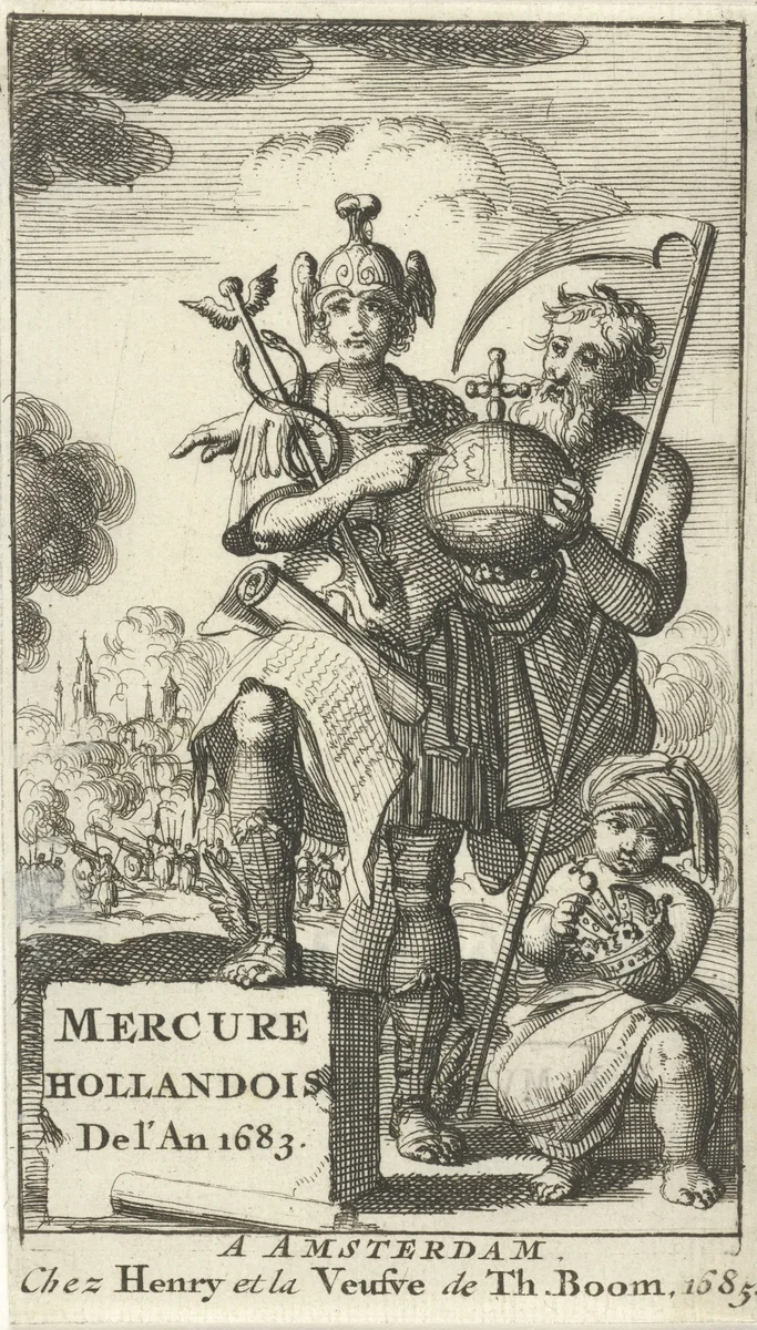 Mercurius en Vader Tijd houden samen een rijksappel vast by Jan Luyken, print, 1683