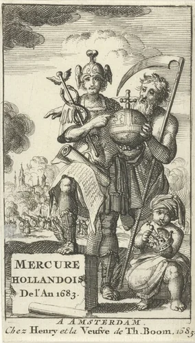 Mercurius en Vader Tijd houden samen een rijksappel vast by Jan Luyken, print, 1683