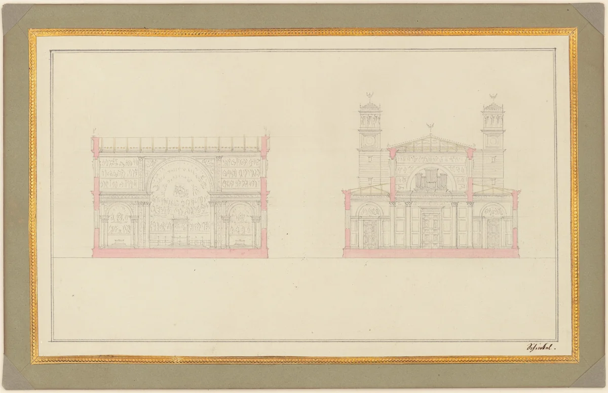 Section of the Crossing and the West End of a Cathedral for Berlin by Karl Friedrich Schinkel, drawing, 1827