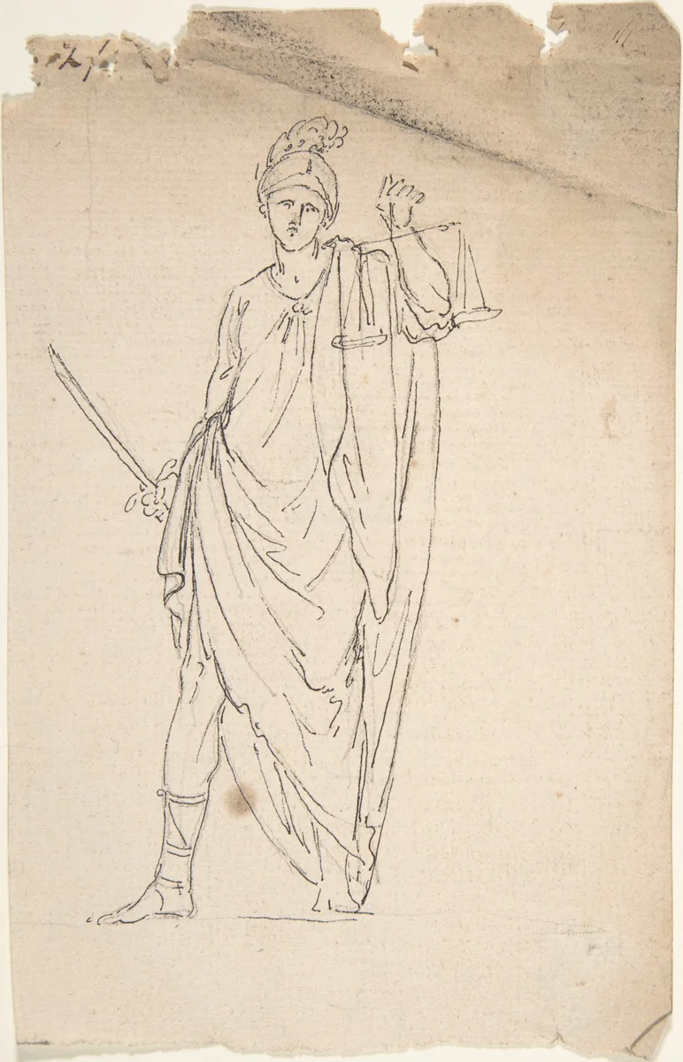 Drawing of Female Statue with Sword and Scale by anonymous, drawing, 1700-1799