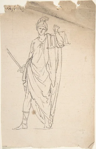 Drawing of Female Statue with Sword and Scale by anonymous, drawing, 1700-1799