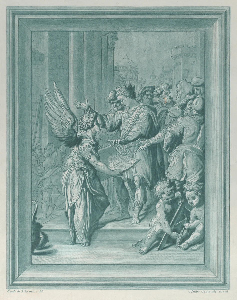 An angel directing the construction of a building by Andrea Scacciati, print, 1750-1770