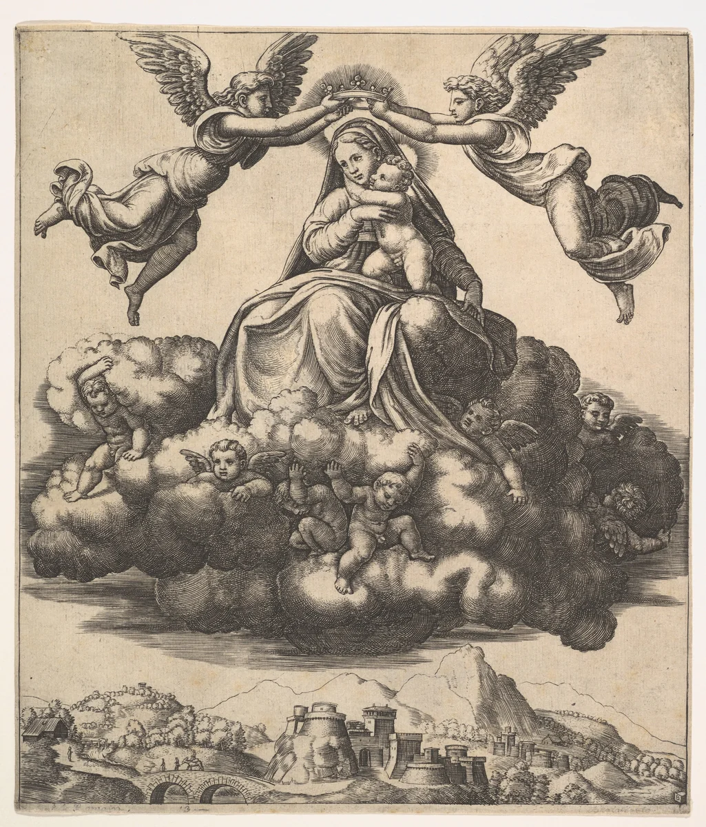 The Virgin seated on clouds being crowned by angels by Master of the Die, print, 1530-1560