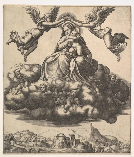 The Virgin seated on clouds being crowned by angels by Master of the Die, print, 1530-1560