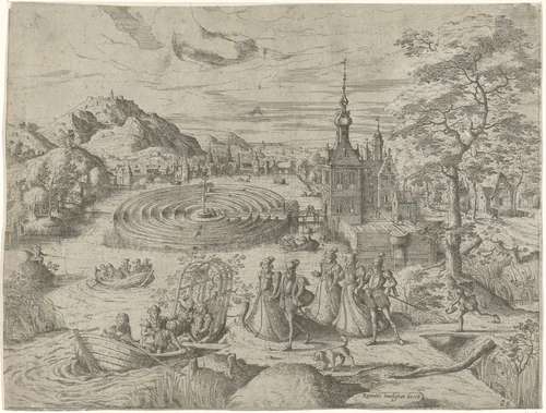 Landschap met gezelschap dat in een boot stapt by Unknown, print, 1546-1588