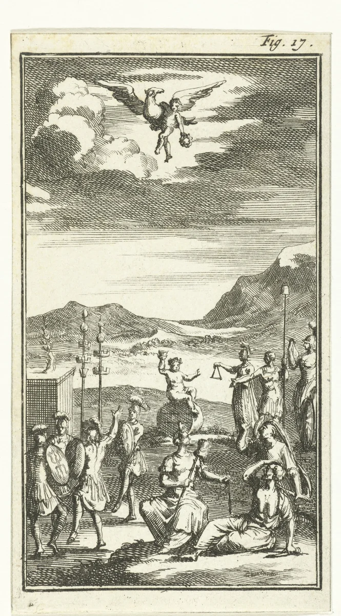 Bacchus heft zijn wijnglas op de vrede by Jan Luyken, print, 1691