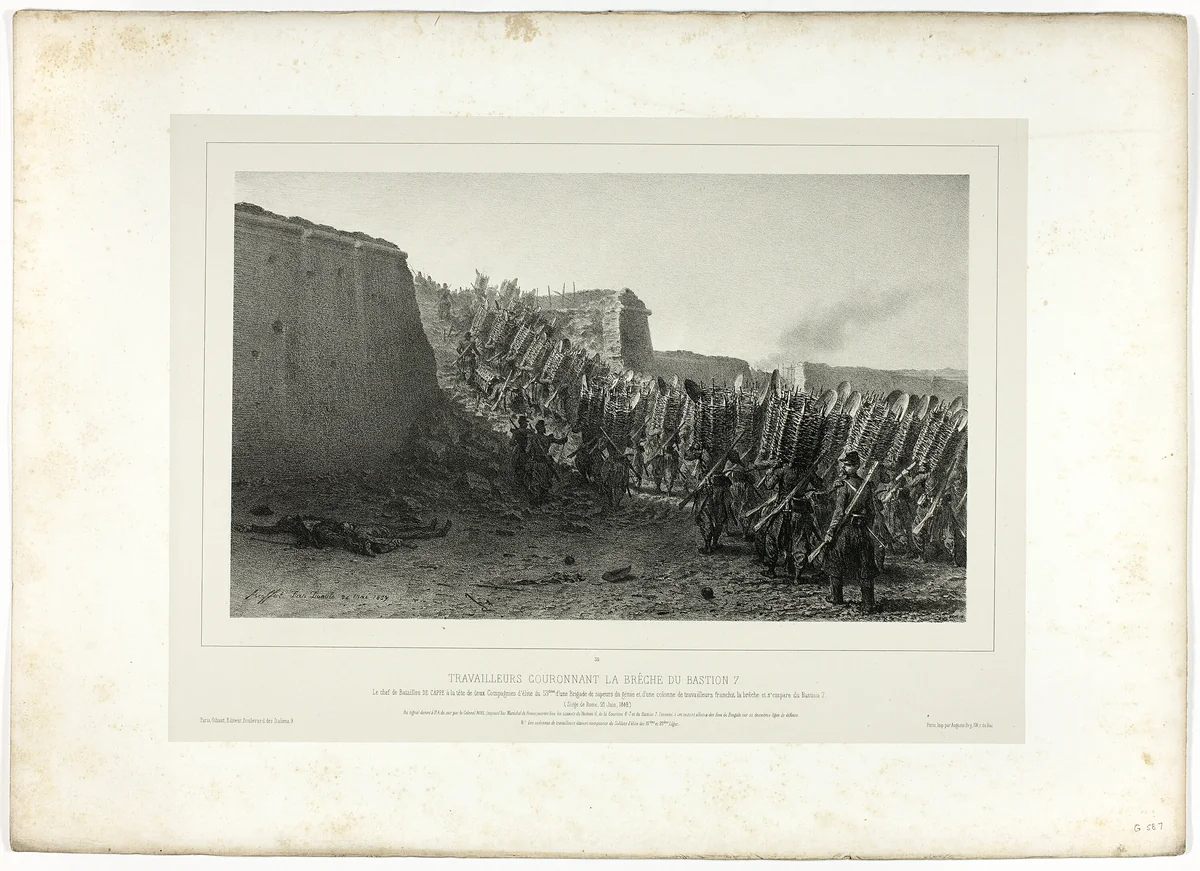 Workers Crowning the Breach of Bastion 7, from Souvenirs d’Italie: Expédition de Rome by Denis Auguste Marie Raffet, print, 1859