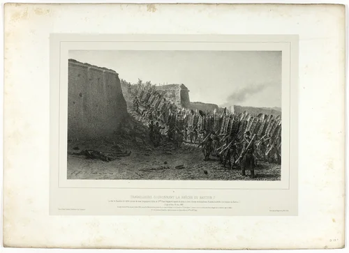 Workers Crowning the Breach of Bastion 7, from Souvenirs d’Italie: Expédition de Rome by Denis Auguste Marie Raffet, print, 1859