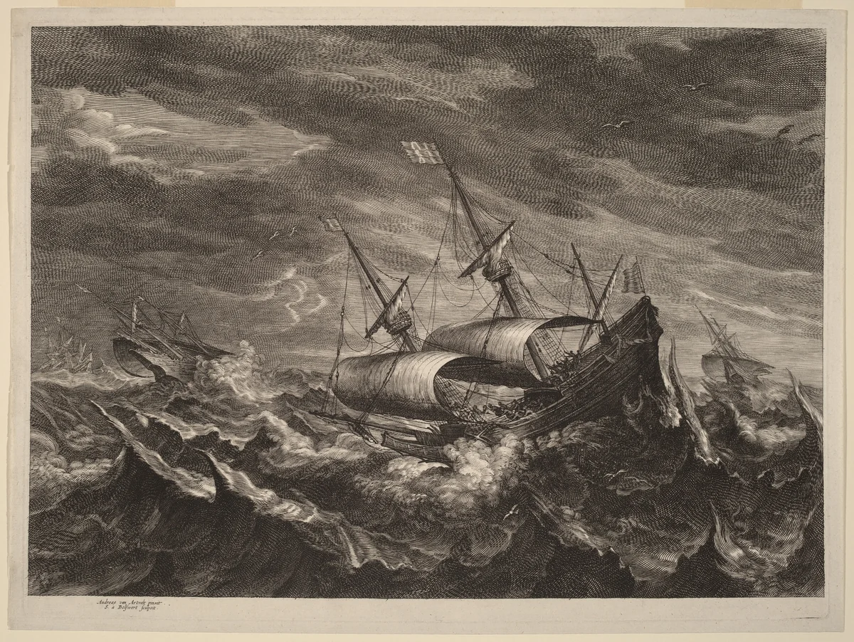 Sailing Boats in a Tempest by Schelte Adams Bolswert; Andries van Eertvelt, print, 1586-1659