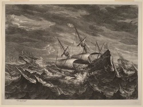 Sailing Boats in a Tempest by Schelte Adams Bolswert; Andries van Eertvelt, print, 1586-1659
