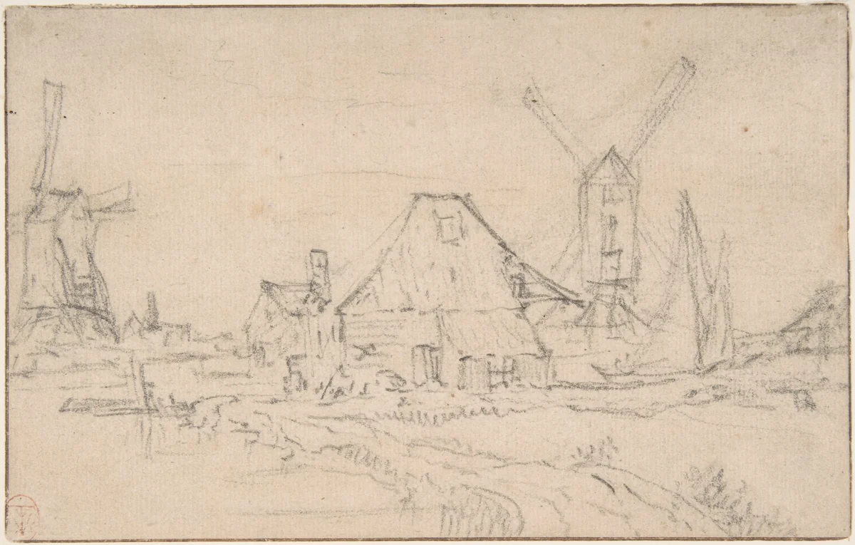Landscape With Two Mills by Rembrandt van Rijn, drawing, 1620-1669