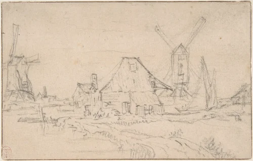 Landscape With Two Mills by Rembrandt van Rijn, drawing, 1620-1669